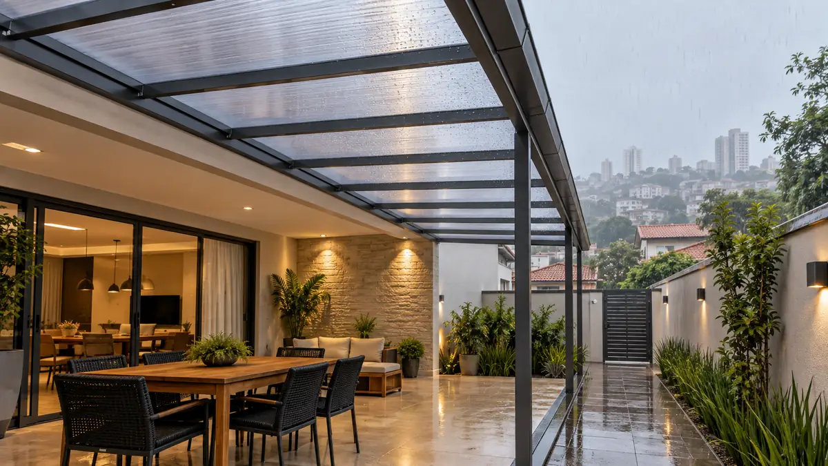 Cobertura de policarbonato instalada sobre pátio residencial em dia de chuva