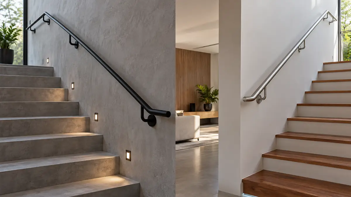 Comparação entre corrimão preto de ferro e corrimão de aço inox
