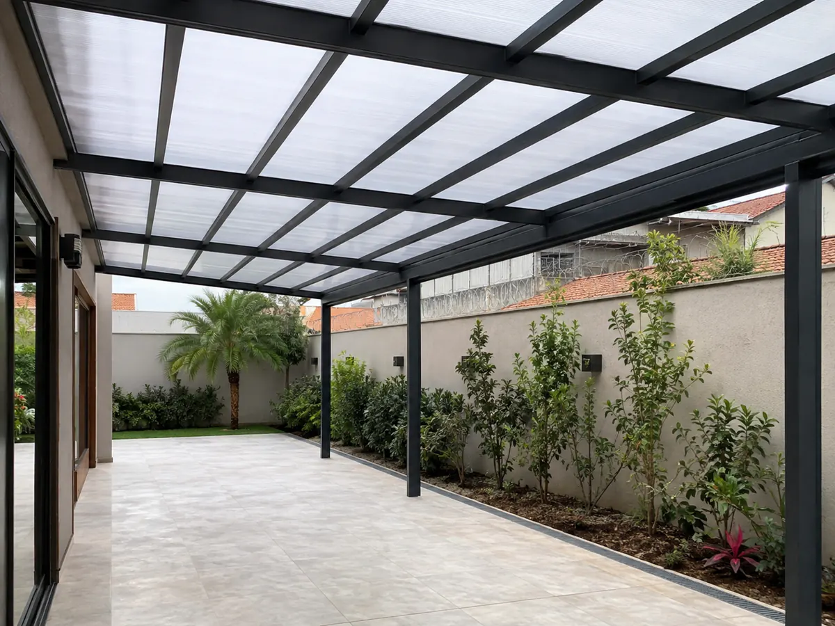 Cobertura de policarbonato transparente sobre pátio residencial em Osasco