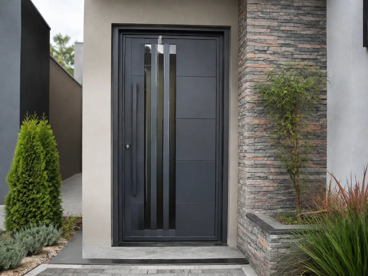 Porta de ferro com detalhes em vidro instalada em residência de Osasco