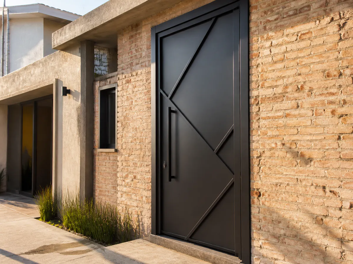 Porta de ferro residencial preta instalada em entrada de imóvel em Osasco